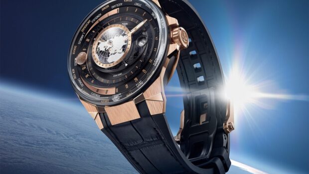 Az Ulysse Nardin legújabb Blast Moonstruck óráján a 18 karátos rózsaarany és a fekete DLC titán kontrasztja lopja el a show-t