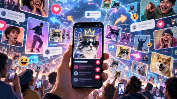 Internetes mémek és szállóigék terjedése a közösségi médiában okostelefonon és megosztásokon keresztül